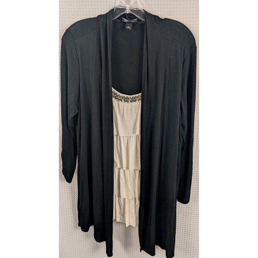 AB Studio Layer Look Faux Twinset Black/White Beaded Neckline Sz Large